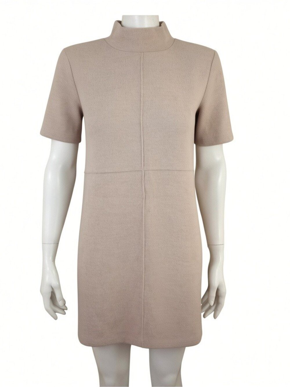 ZARA Beige Tan Rib Knit Mock Neck Short Sleeve Mini Sweater Dress Womens L
